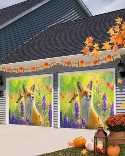 Singingin Fall Garage Door Banner 7x8 ft Fox Hummingbird Lavender Flowers