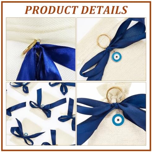 NBEADS 10 Pcs Linenette Gift Bags with Blue Bow and Evil Eye Pendants