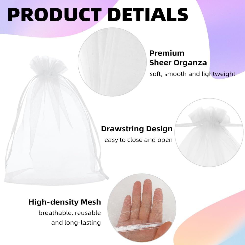 100 Pcs White Organza Gift Bags 6x9 Inch Drawstring Mesh Bags