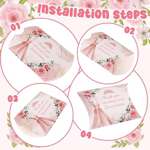 100 PCS Quinceanera Pillow Gift Boxes Rose Gold 15th Birthday Party Favors