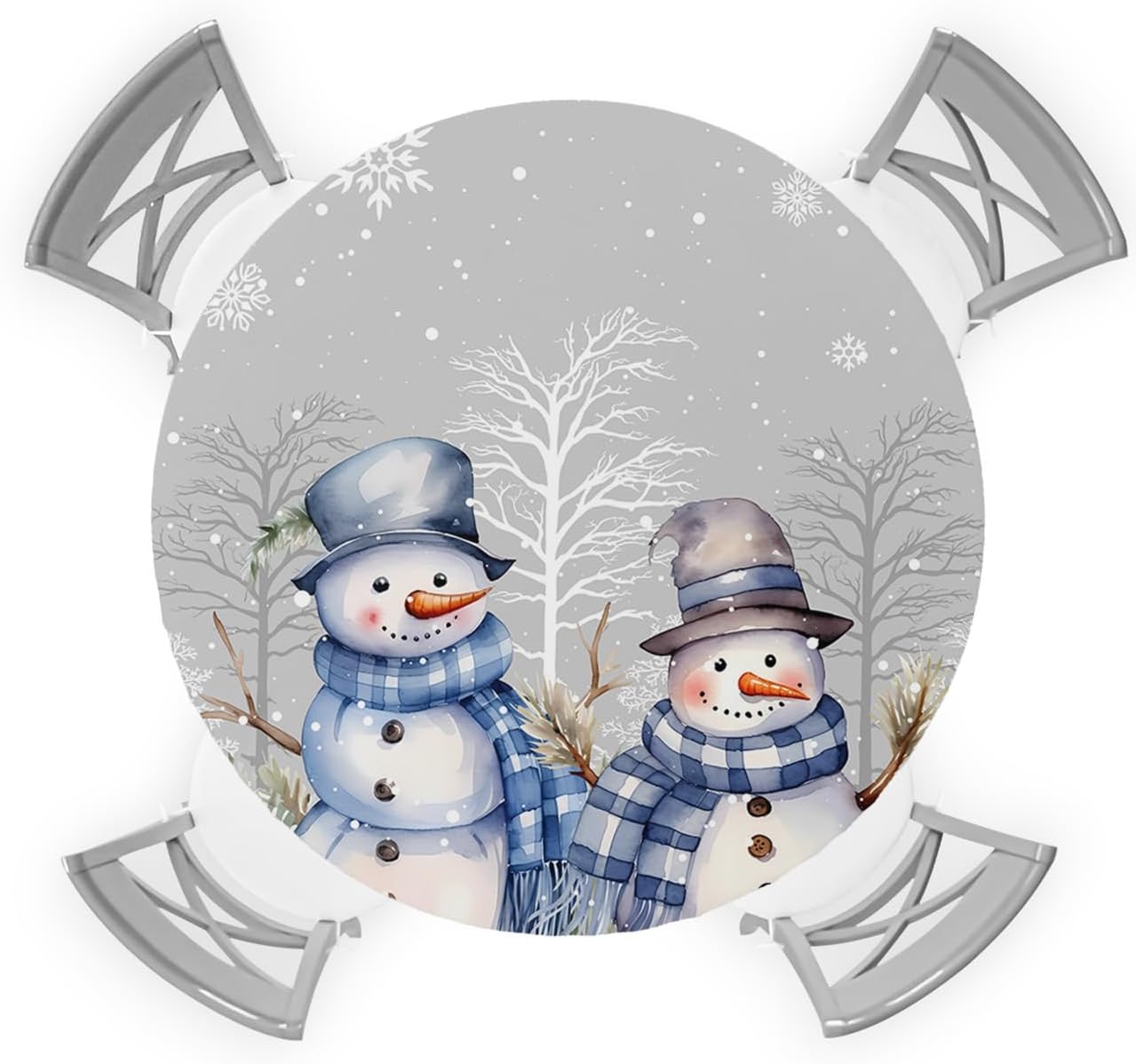 Forest Snowman Round Waterproof Table Cover Fitted Tablecloth