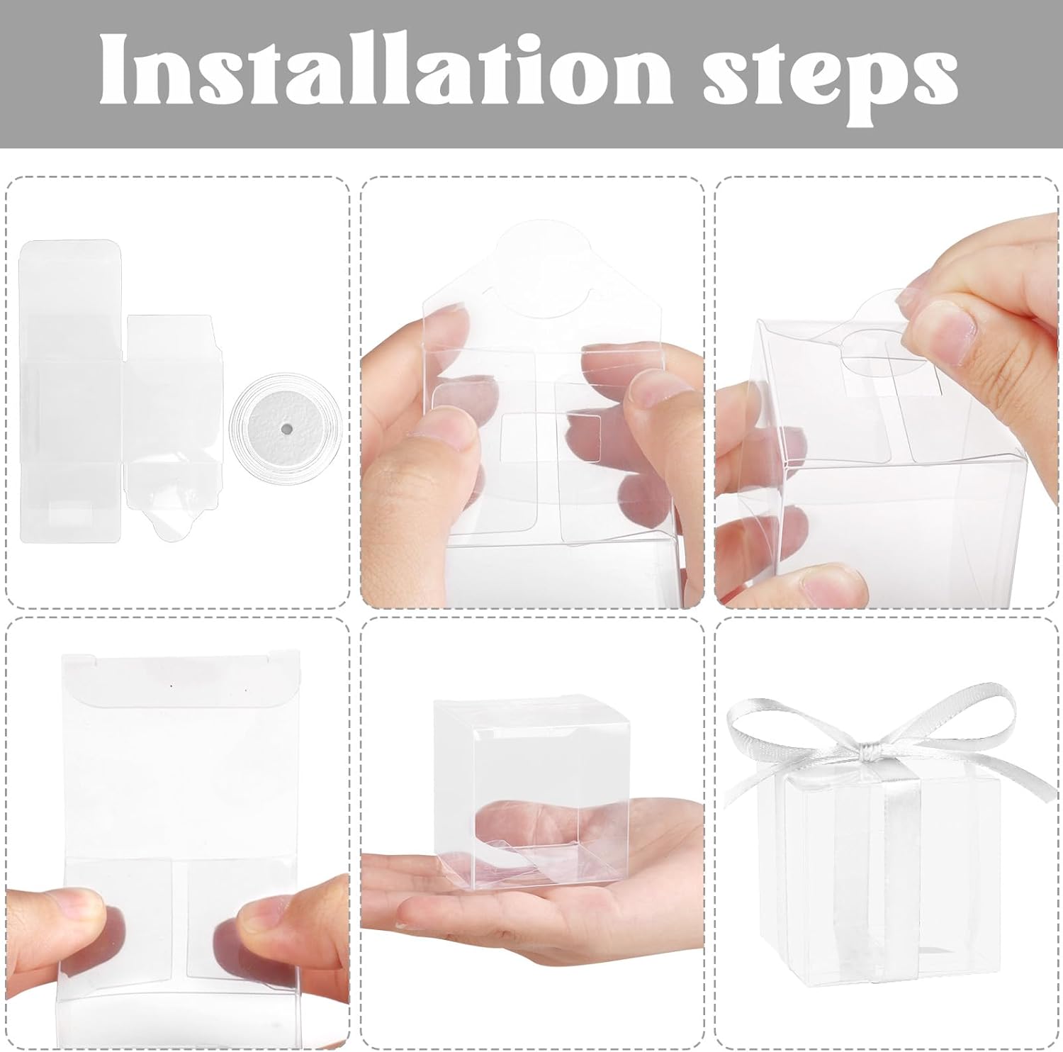 Adecortalk 50 Pcs Clear Gift Boxes with White Ribbon