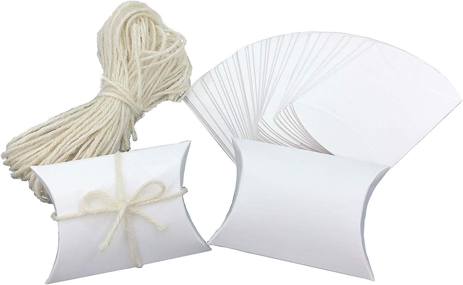 White Kraft Paper Pillow Candy Boxes with Jute Twines 100 Pcs
