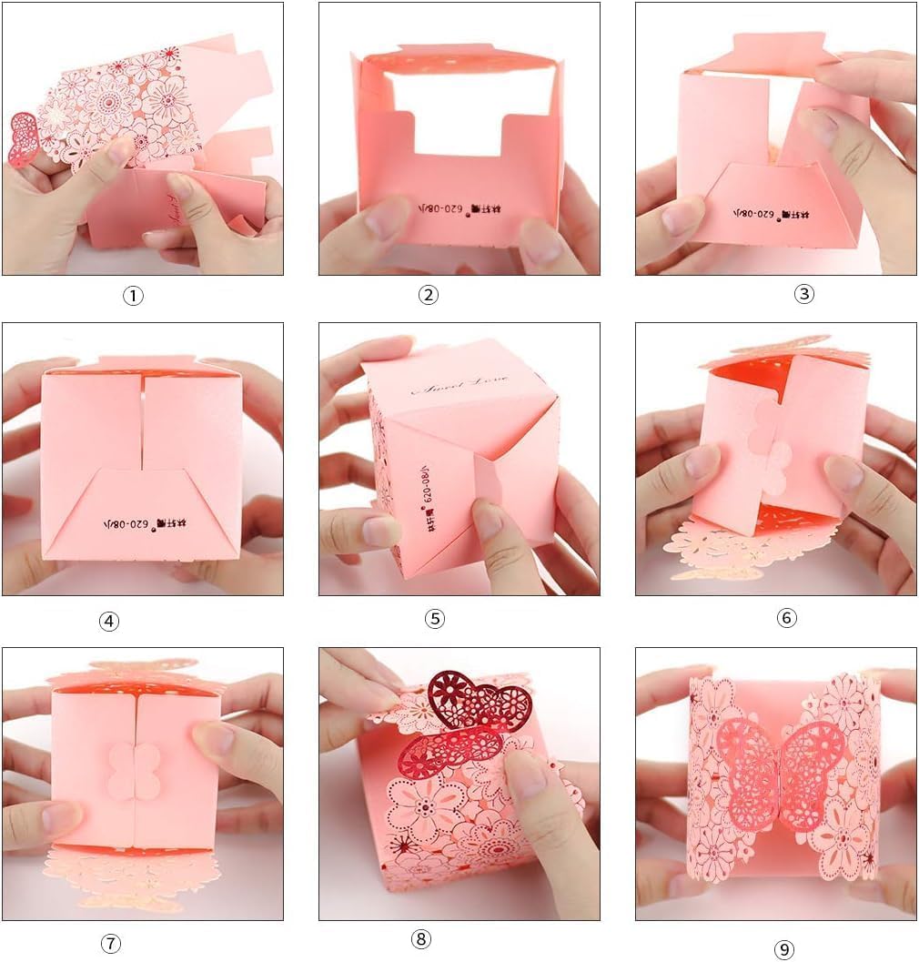 KAZIPA 50pcs Laser Cut Butterfly Favor Boxes Gold Stamping Red