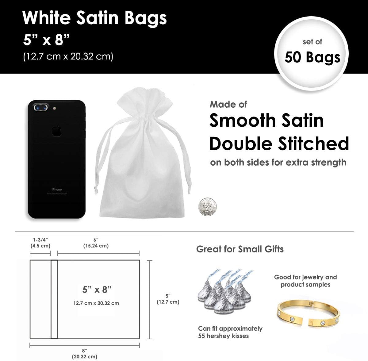 5 Inch x 8 Inch White Satin Gift Bags 50 Per Pack