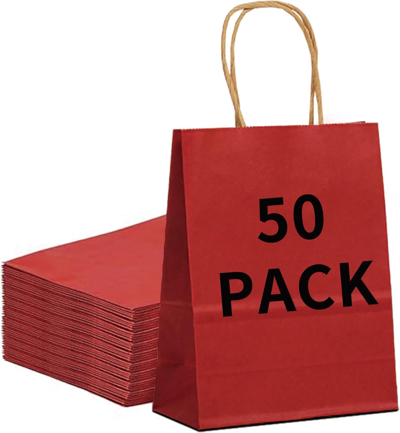 BAG BOX 50 Pack Medium Red Kraft Gift Bags with Handles