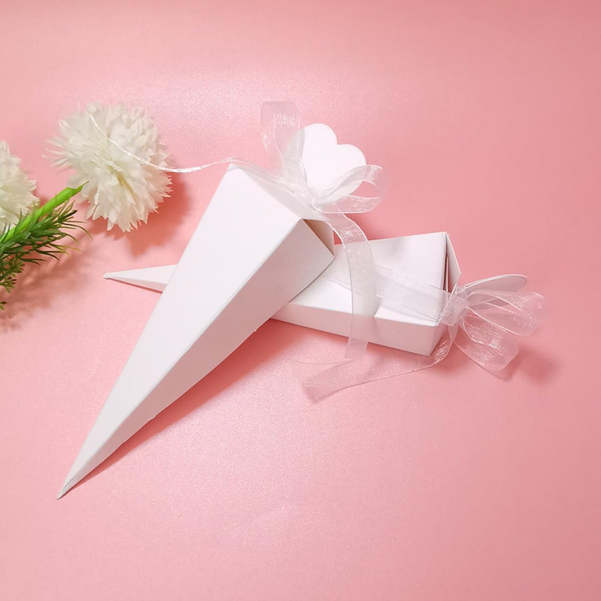 50 Piece White Cone Shaped Cookie Boxes with Ribbons