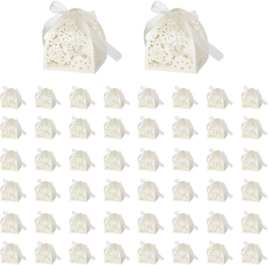 50PCS Flower-Shaped Candy Boxes with Ribbons