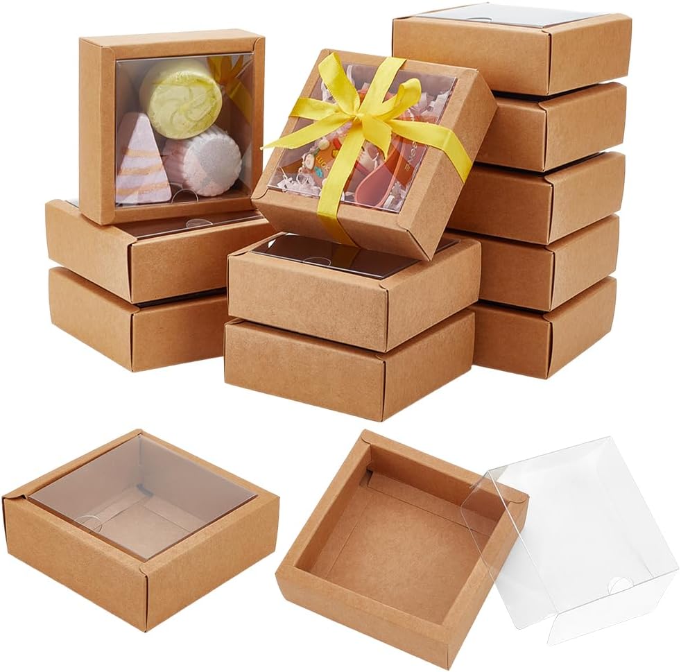 BENECREAT 20Pcs Brown Square Paper Boxes with Clear Window