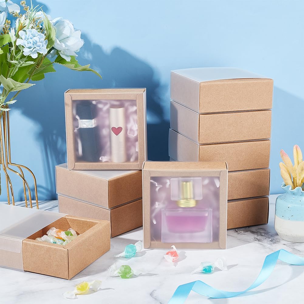 BENECREAT 16 Pack Square Brown Gift Boxes with PVC Windows