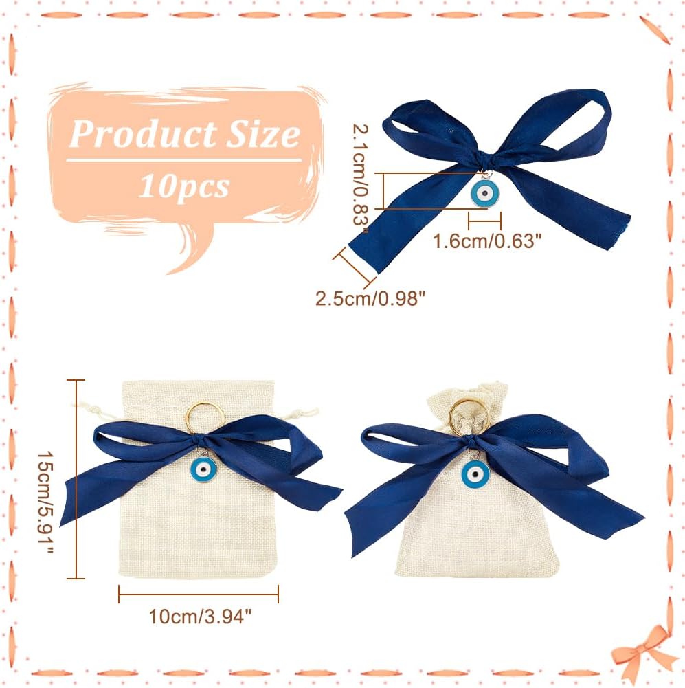 NBEADS 10 Pcs Linenette Gift Bags with Blue Bow and Evil Eye Pendants