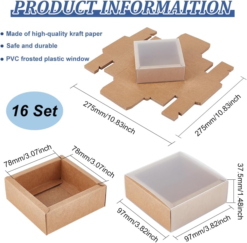 BENECREAT 16 Pack Square Brown Gift Boxes with PVC Windows
