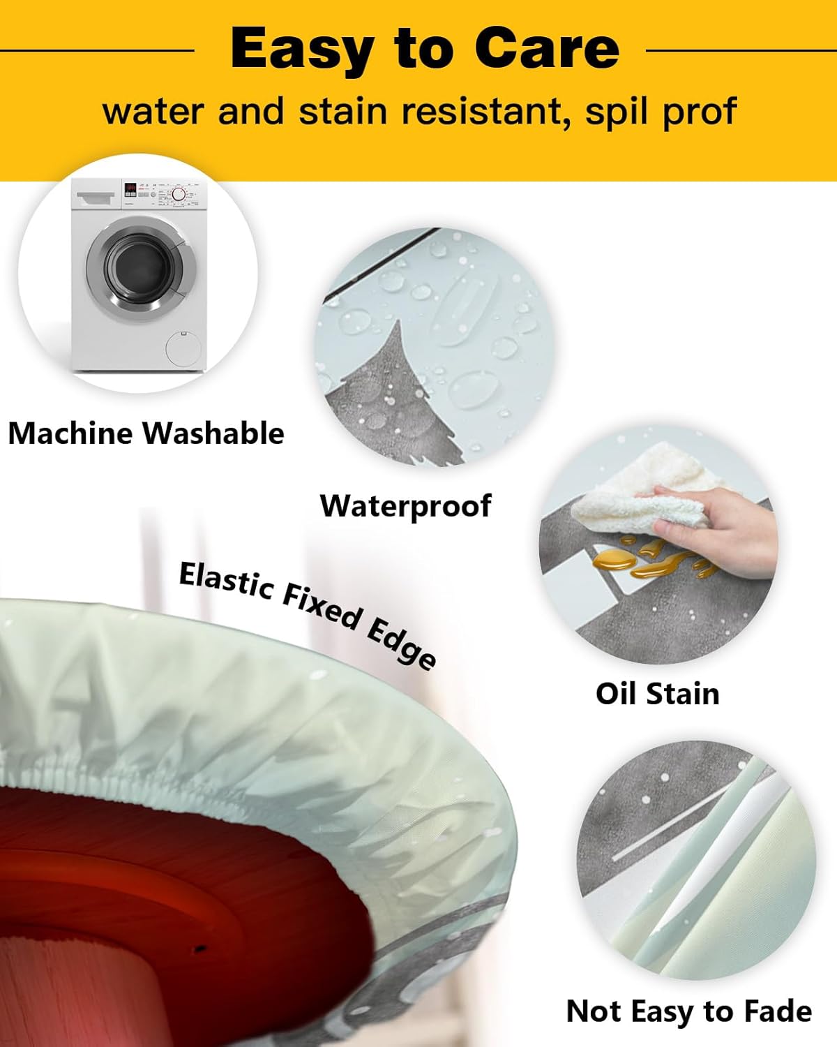 Christmas Round Waterproof Table Cover with Elastic Wipeable Fabric