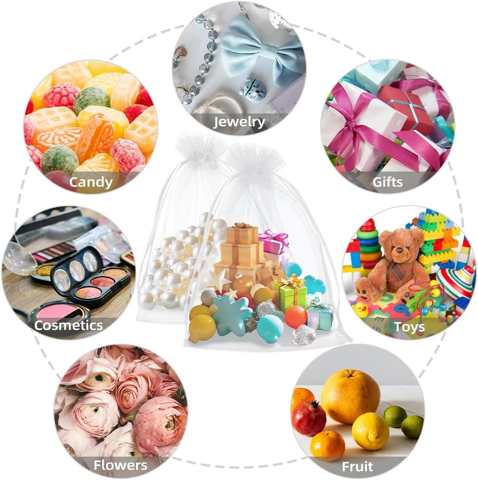 100 Pcs White Organza Gift Bags 6x9 Inch Drawstring Mesh Bags
