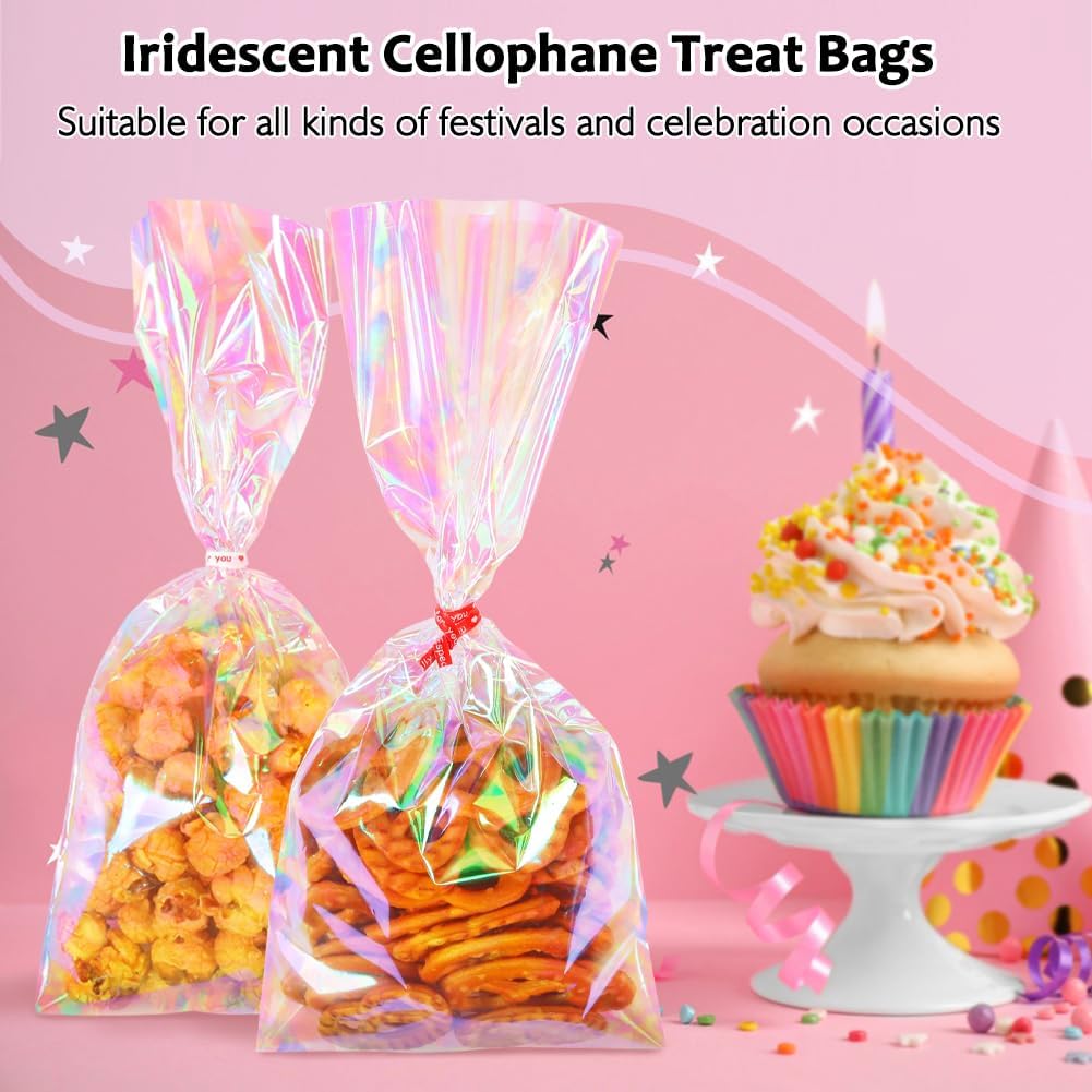 JOINDO 100PCS Iridescent Treat Bags with Twist Ties