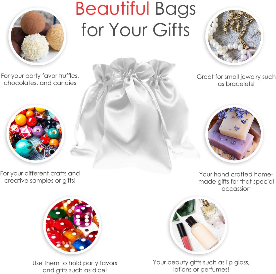 5 Inch x 8 Inch White Satin Gift Bags 50 Per Pack