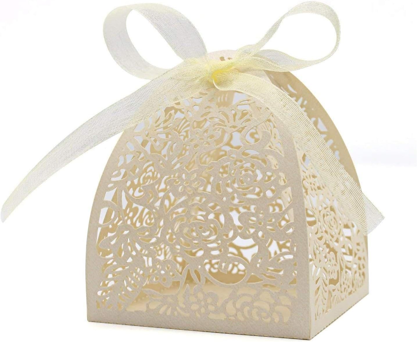 50 Pack Laser Cut Rose Wedding Candy Boxes with Ribbon