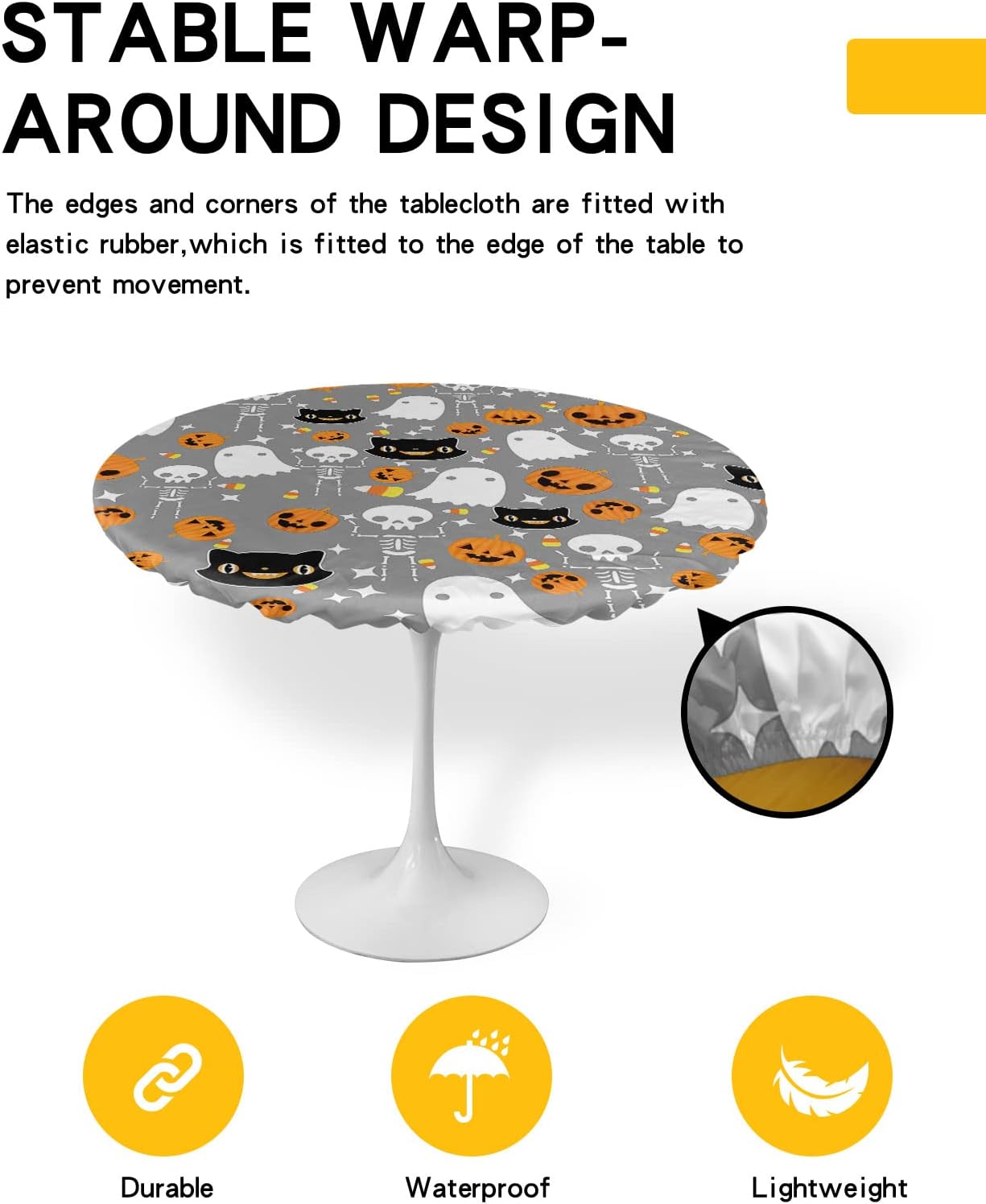 Halloween Grey Round Waterproof Table Cover Fitted Tablecloth