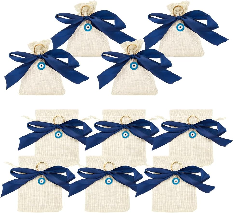 NBEADS 10 Pcs Linenette Gift Bags with Blue Bow and Evil Eye Pendants