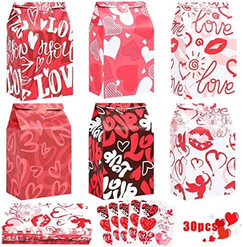 FOIMAS Valentines Day Gift Bags 30pcs Heart Kraft Paper Treat Bags