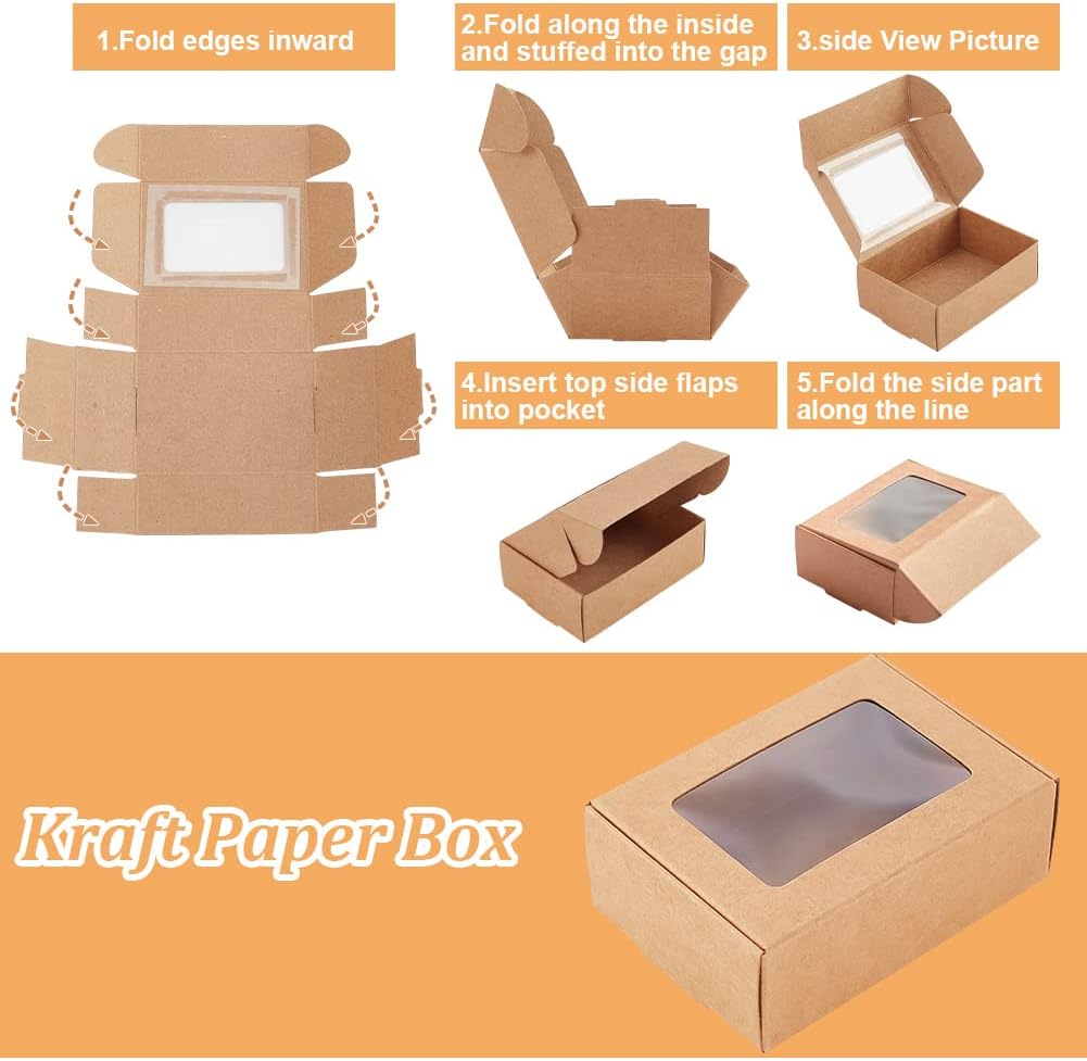 BENECREAT 30 Pack Rectangle Brown Kraft Gift Boxes with Clear Window