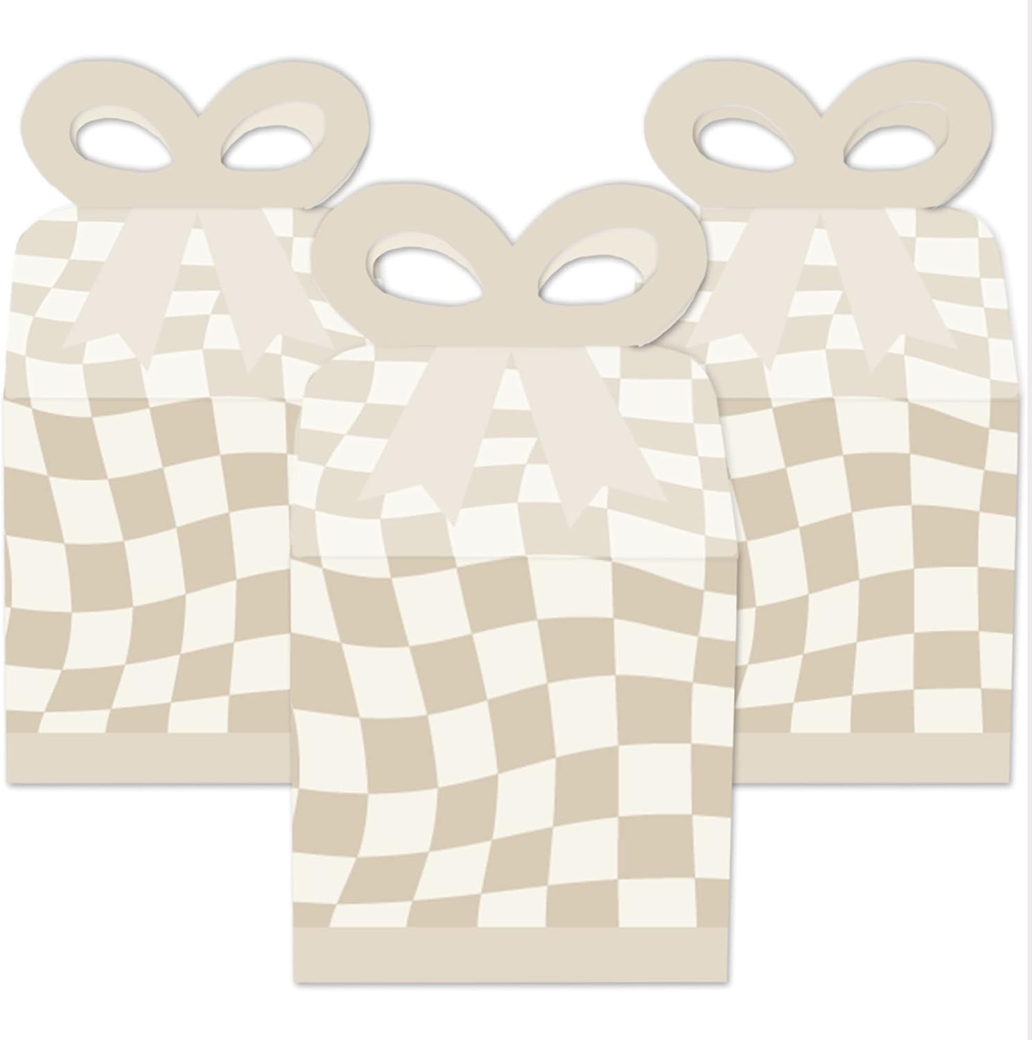 Big Dot of Happiness Tan Checkered Bow Gift Boxes Set of 12
