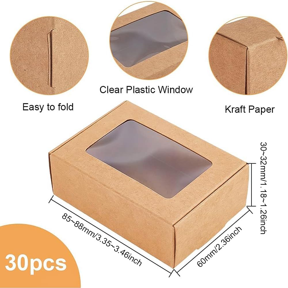 BENECREAT 30 Pack Rectangle Brown Kraft Gift Boxes with Clear Window