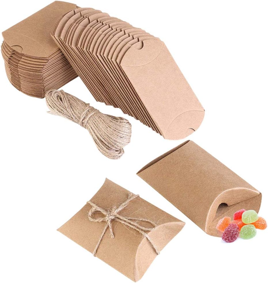 AKOAK Kraft Paper Pillow Gift Boxes with Jute Twines Pack of 50