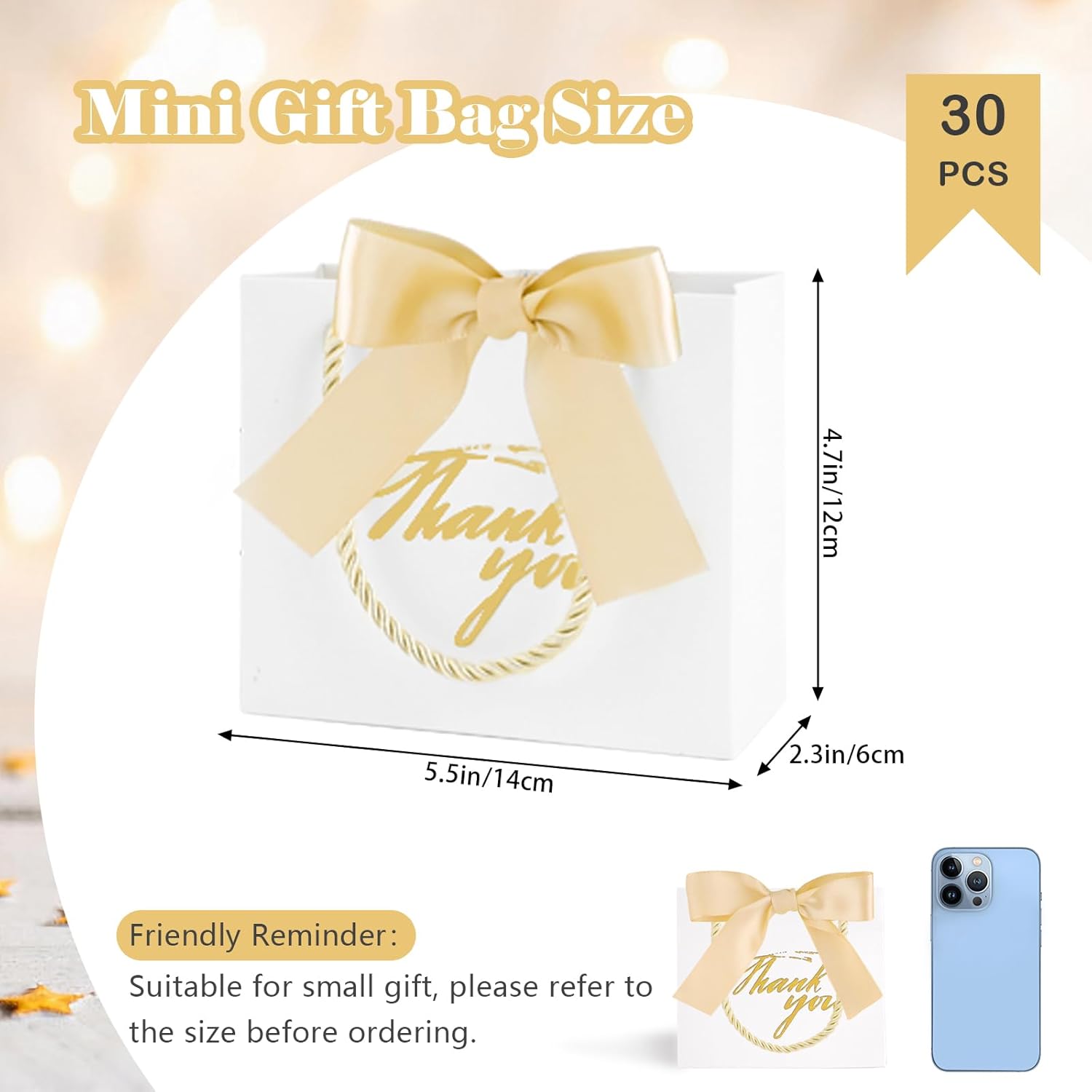 30 Pack Mini Thank You Gift Bags with Handle and Bow