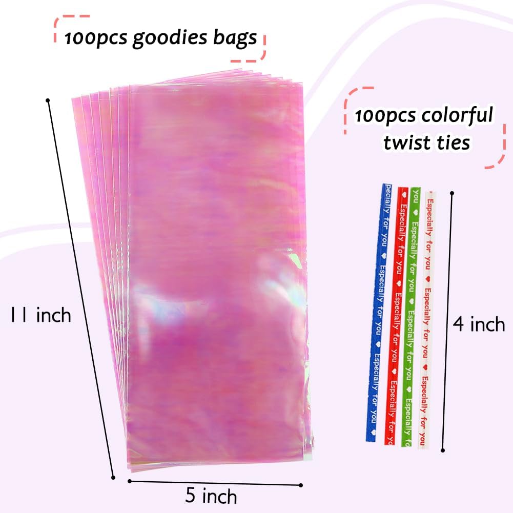 JOINDO 100PCS Iridescent Treat Bags with Twist Ties