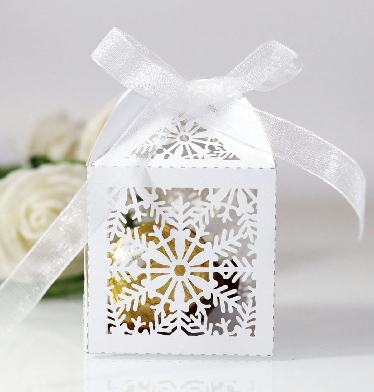 50 Pack Laser Cut Snowflake Wedding Candy Boxes with Ribbon Party Favor