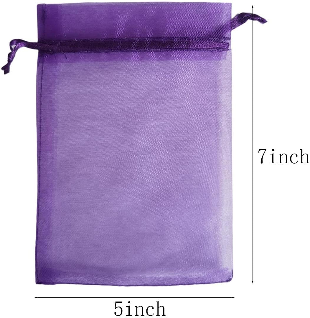 50 Pack Organza Gift Bags 5x7 Inch Purple Drawstring Sheer Packaging