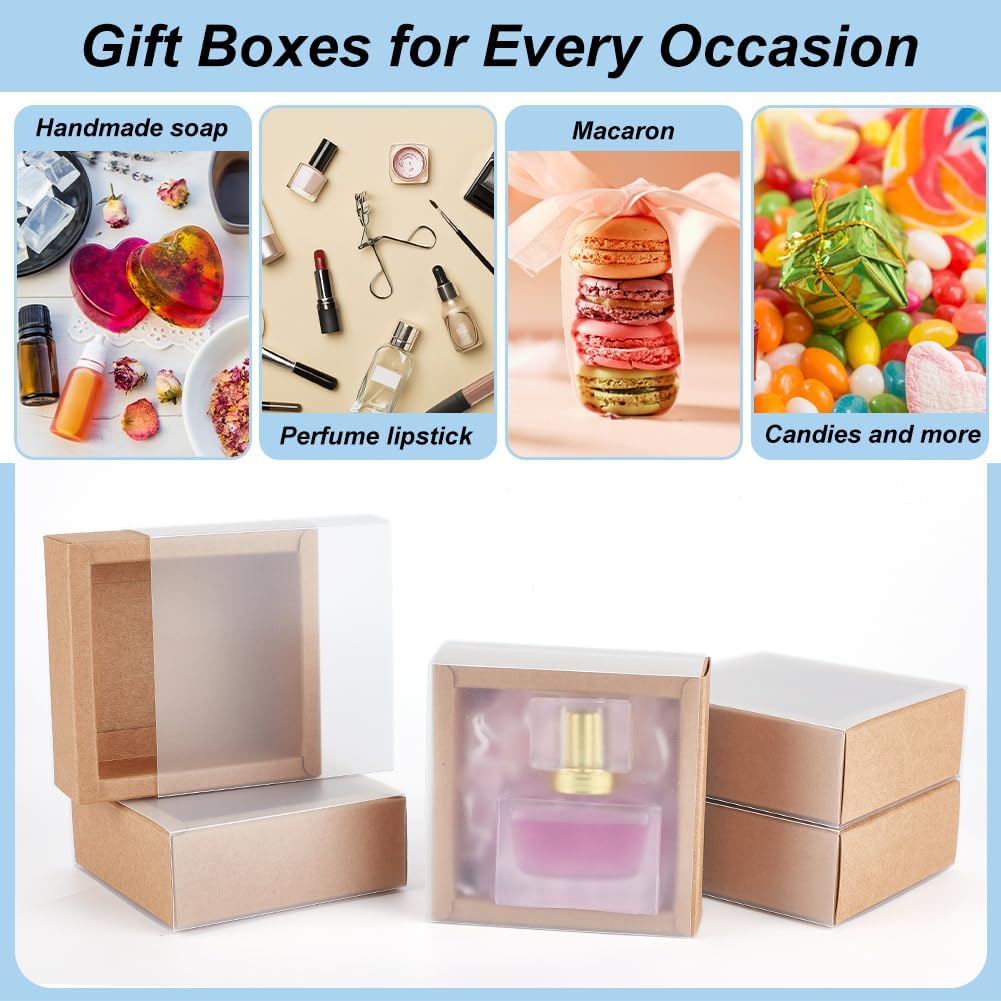 BENECREAT 16 Pack Square Brown Gift Boxes with PVC Windows