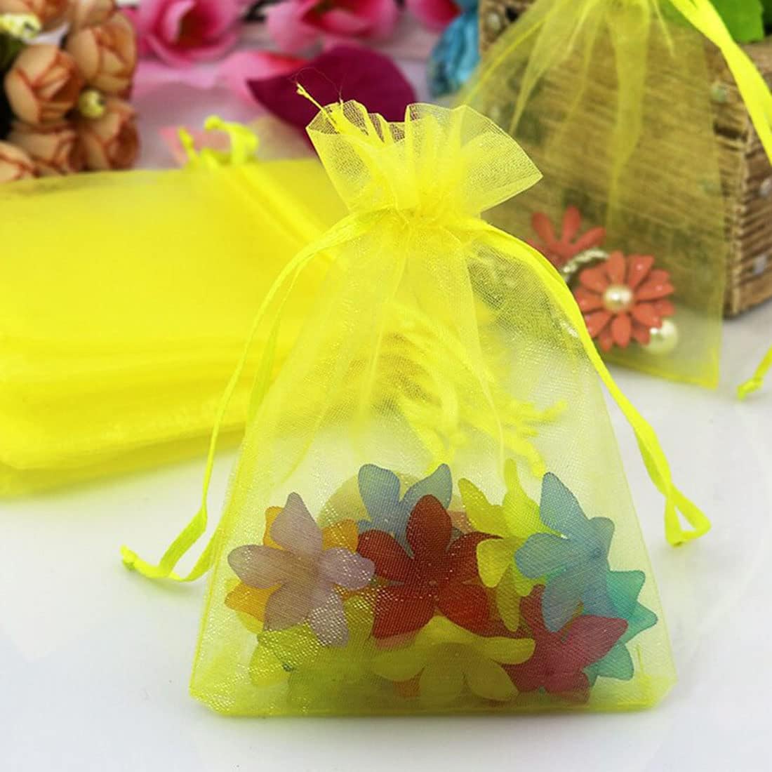 Pack of 100 Yellow Organza Gift Bags 5x7 Inches Drawstring