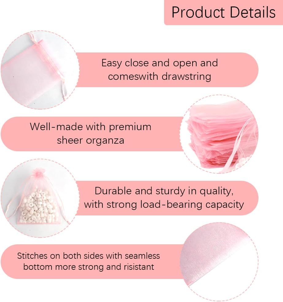 Pink Organza Gift Bags 35x47 Inch 50Pcs Sheer Mesh Drawstring Pouches
