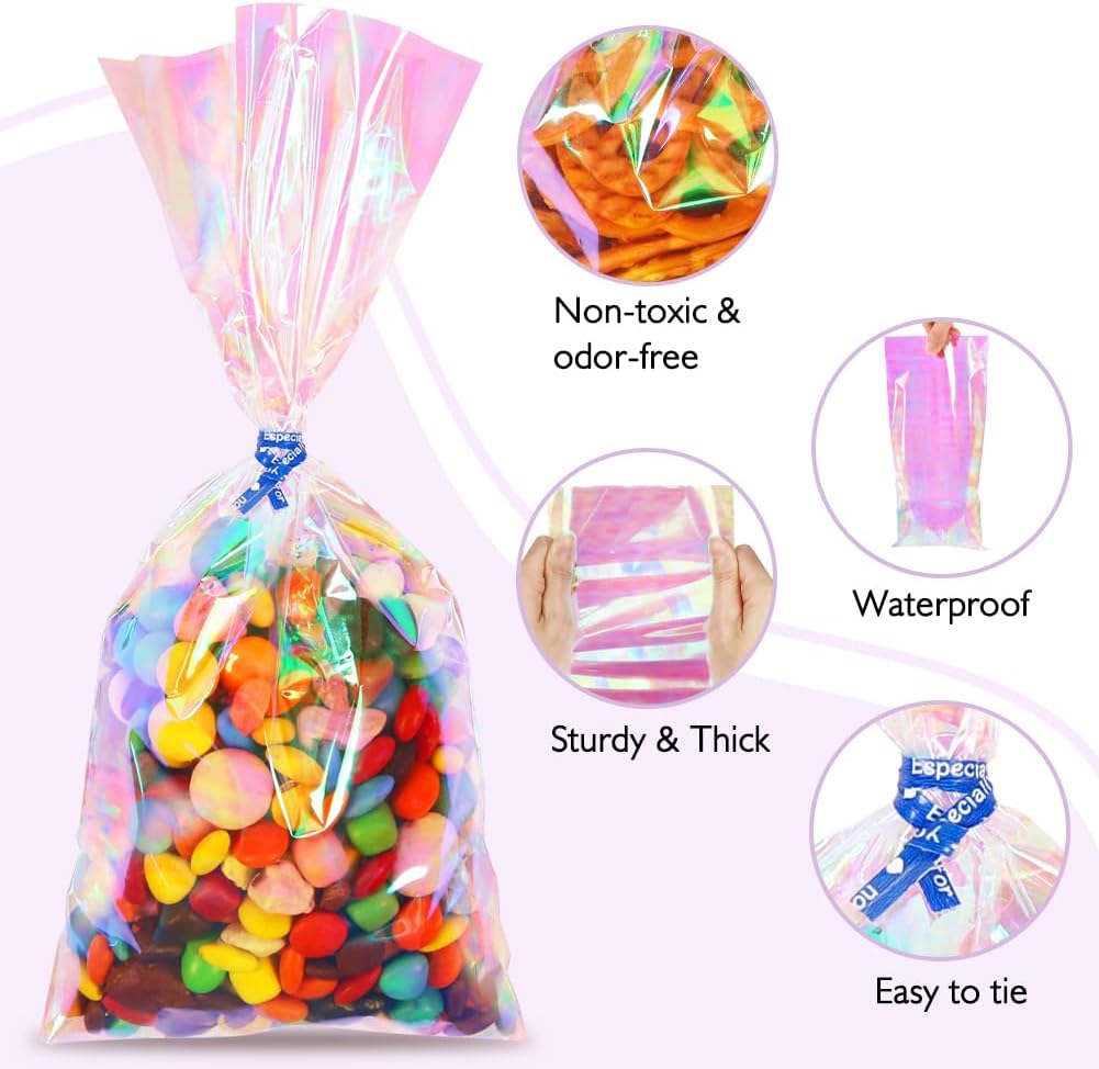 JOINDO 100PCS Iridescent Treat Bags with Twist Ties