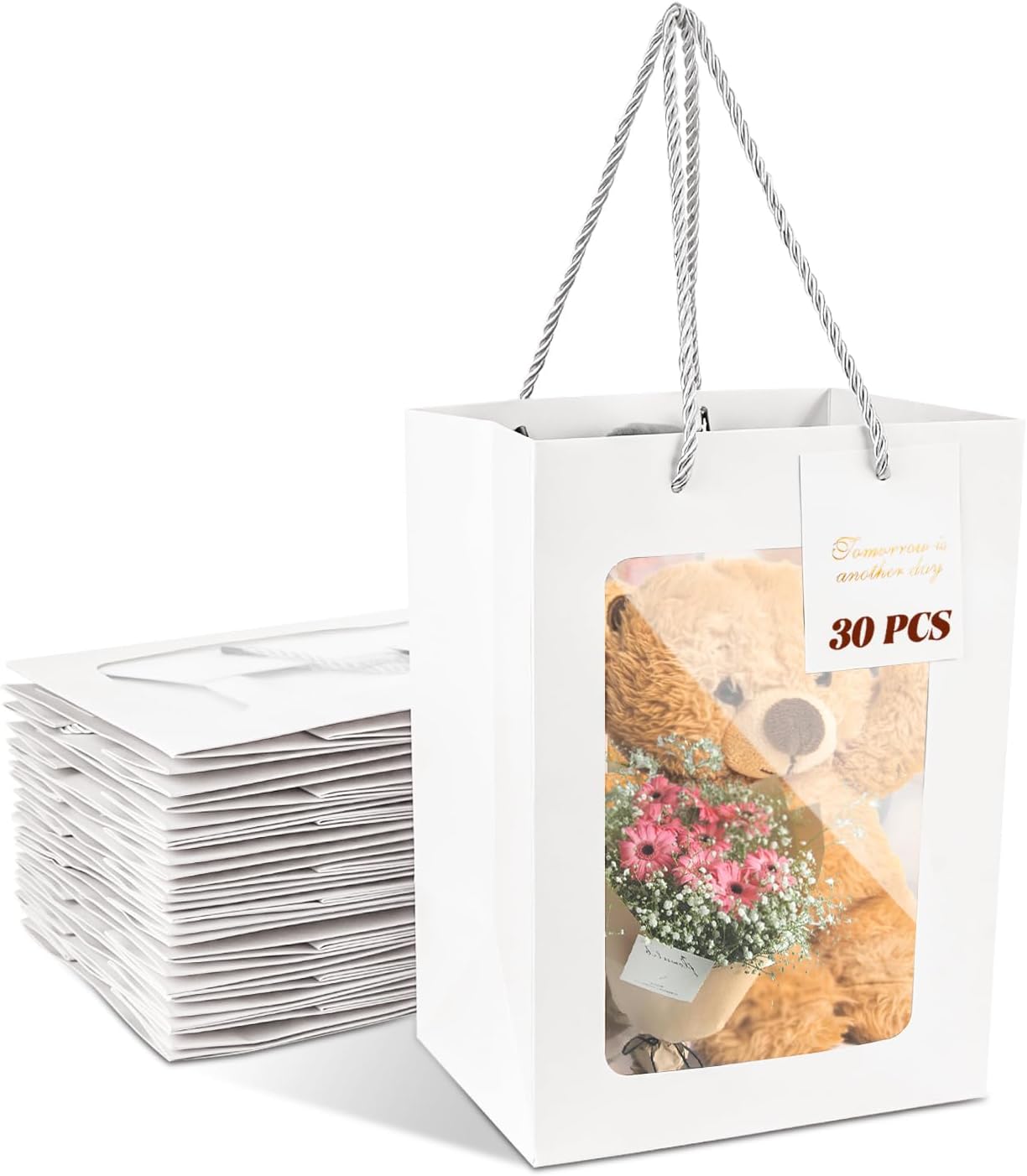 30 PCS White Gift Bags with Clear Window and Handles