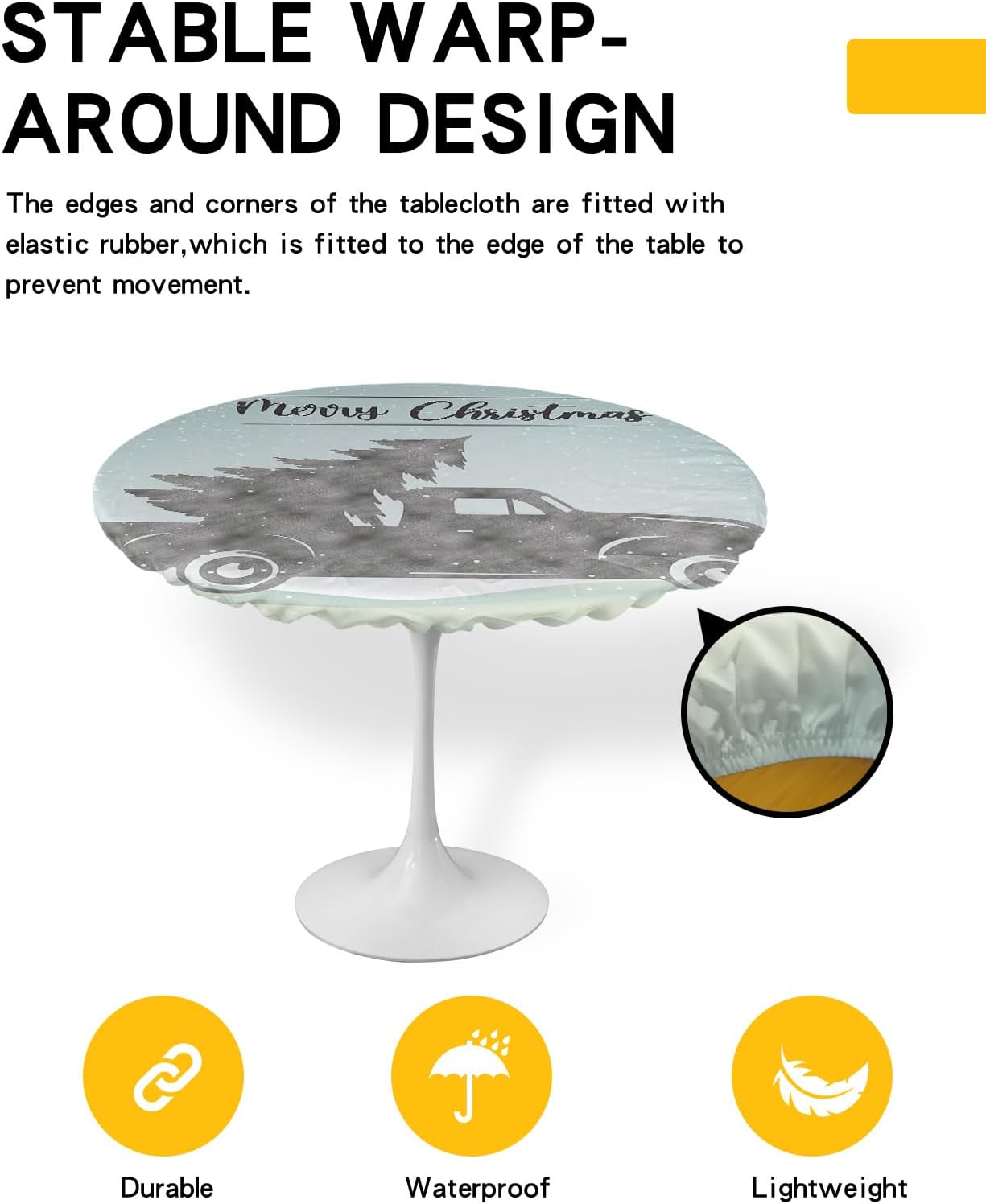 Christmas Round Waterproof Table Cover with Elastic Wipeable Fabric