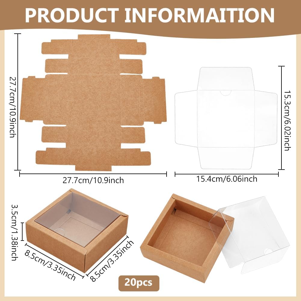 BENECREAT 20Pcs Brown Square Paper Boxes with Clear Window