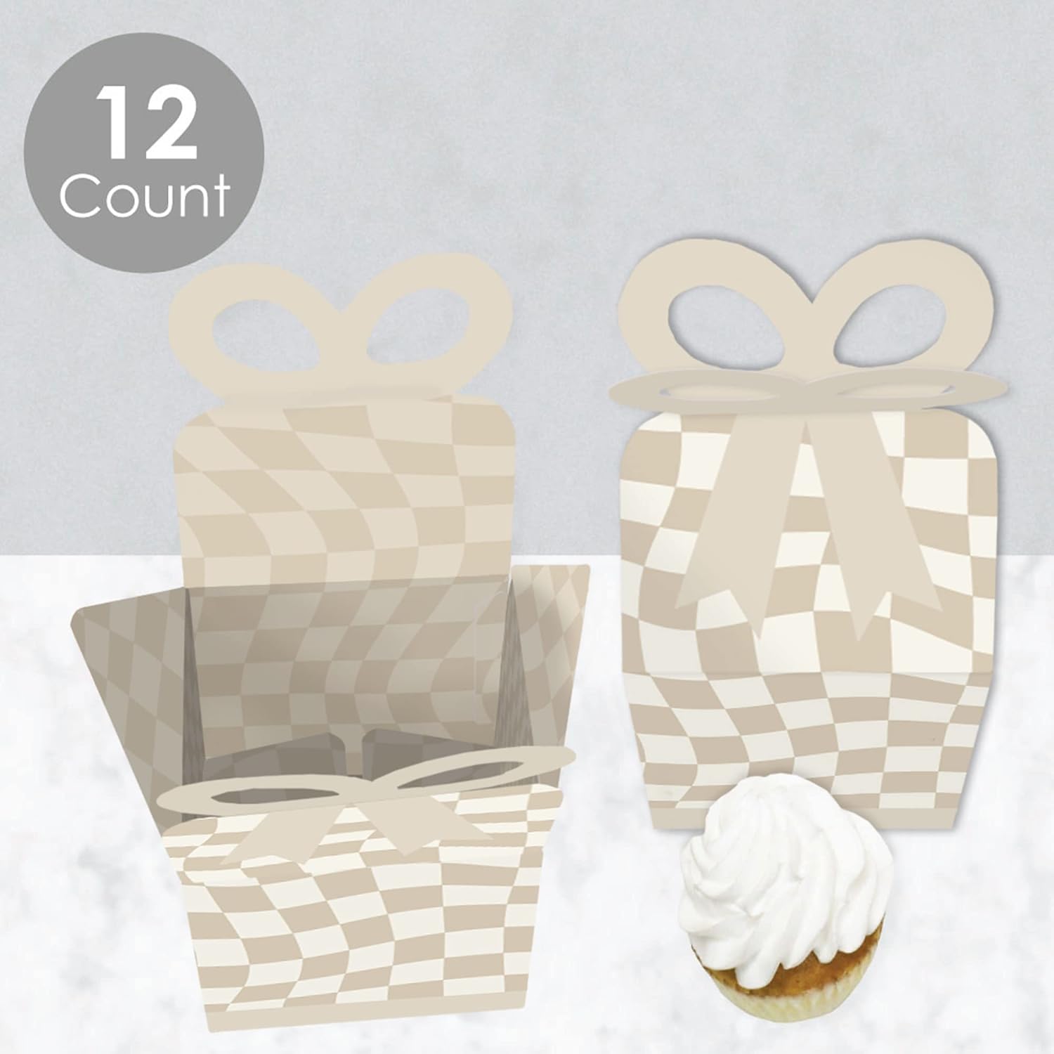 Big Dot of Happiness Tan Checkered Bow Gift Boxes Set of 12