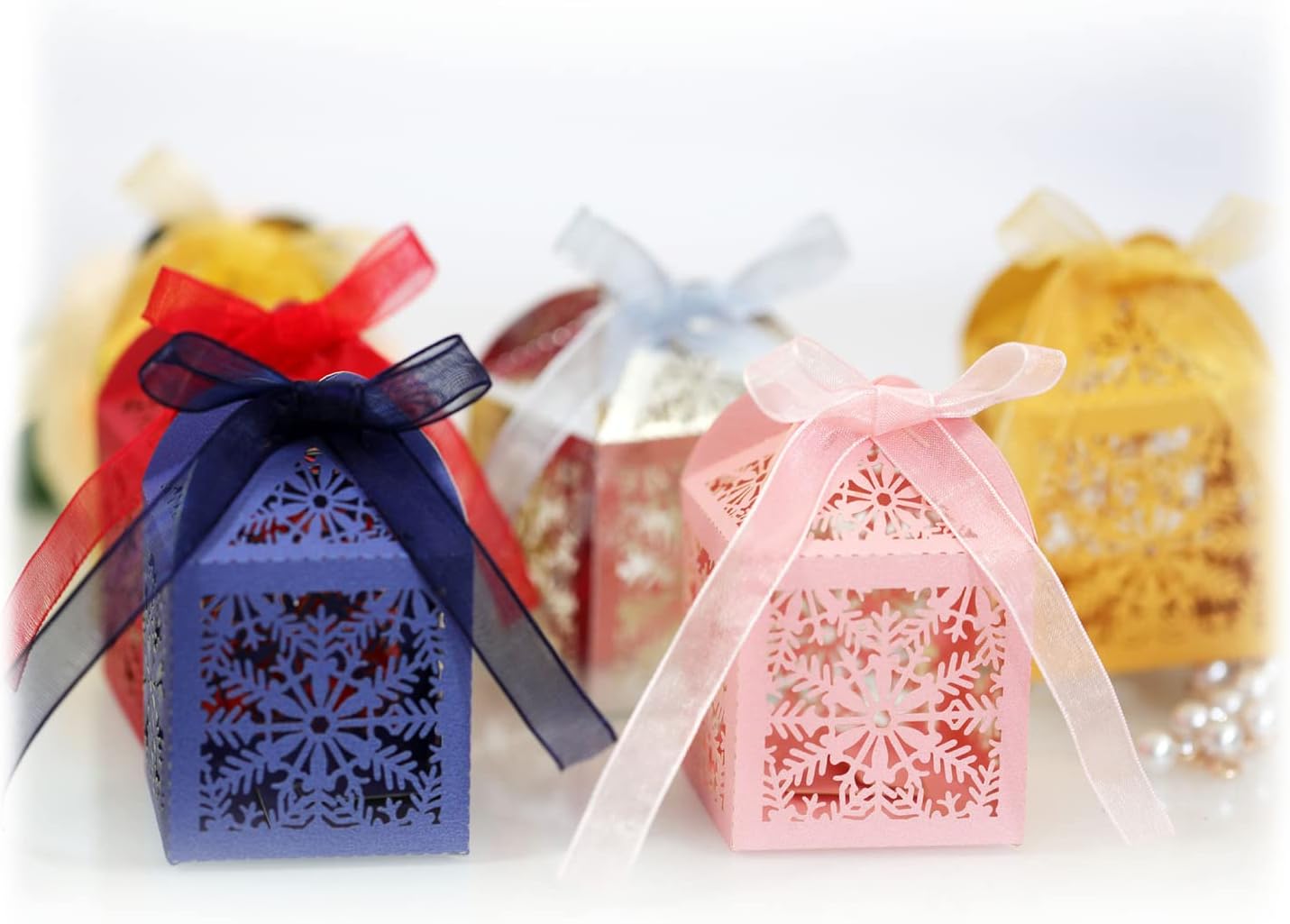 50 Pack Laser Cut Snowflake Wedding Candy Boxes with Ribbon Party Favor