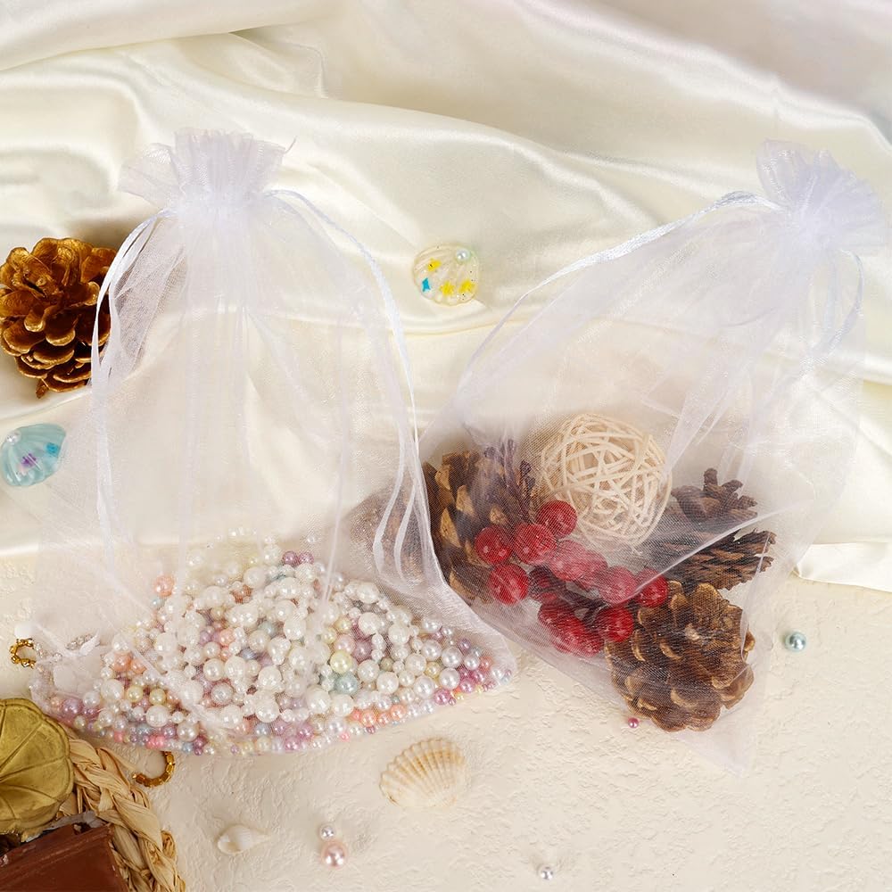 100 Pcs White Organza Gift Bags 6x9 Inch Drawstring Mesh Bags
