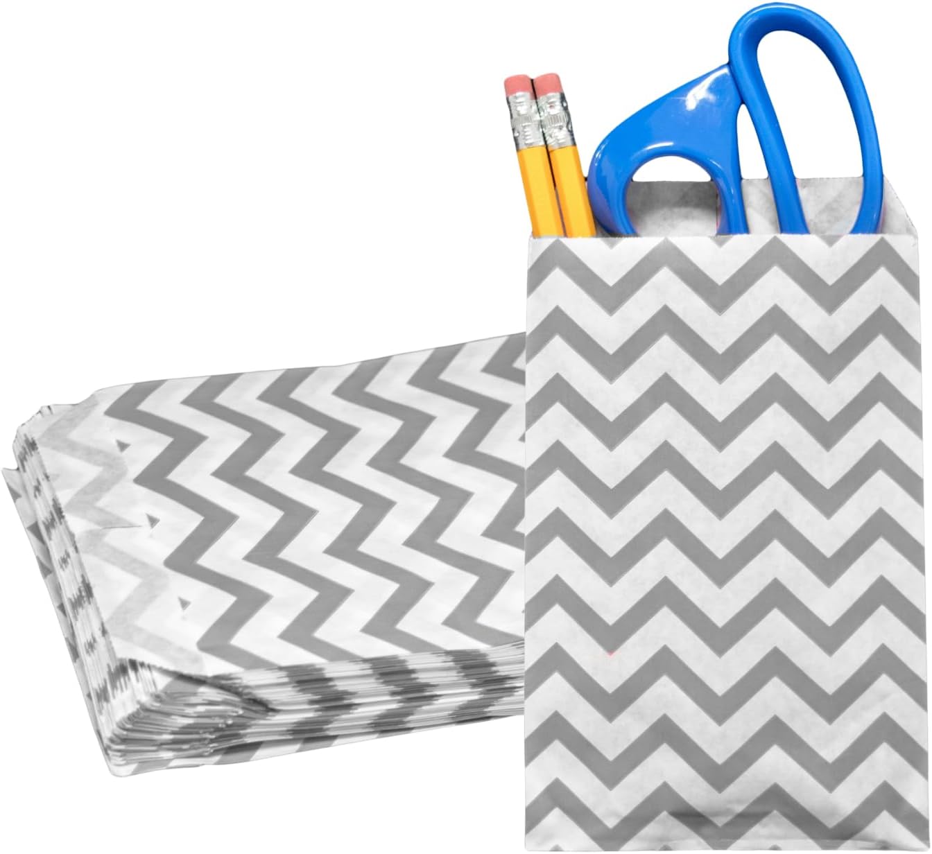 Novel Box 100 Pack Silver Chevron Print Flat Gift Bags 6x9 Inches