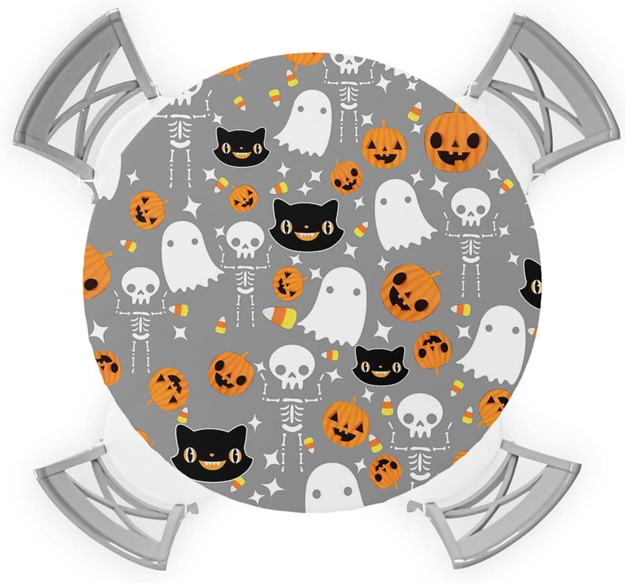 Halloween Grey Round Waterproof Table Cover Fitted Tablecloth