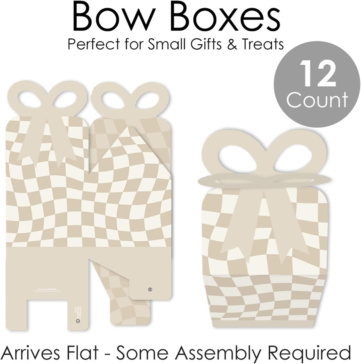 Big Dot of Happiness Tan Checkered Bow Gift Boxes Set of 12