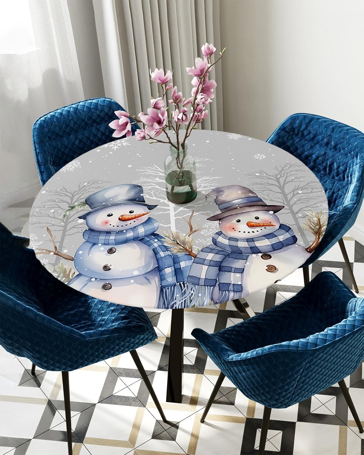 Forest Snowman Round Waterproof Table Cover Fitted Tablecloth