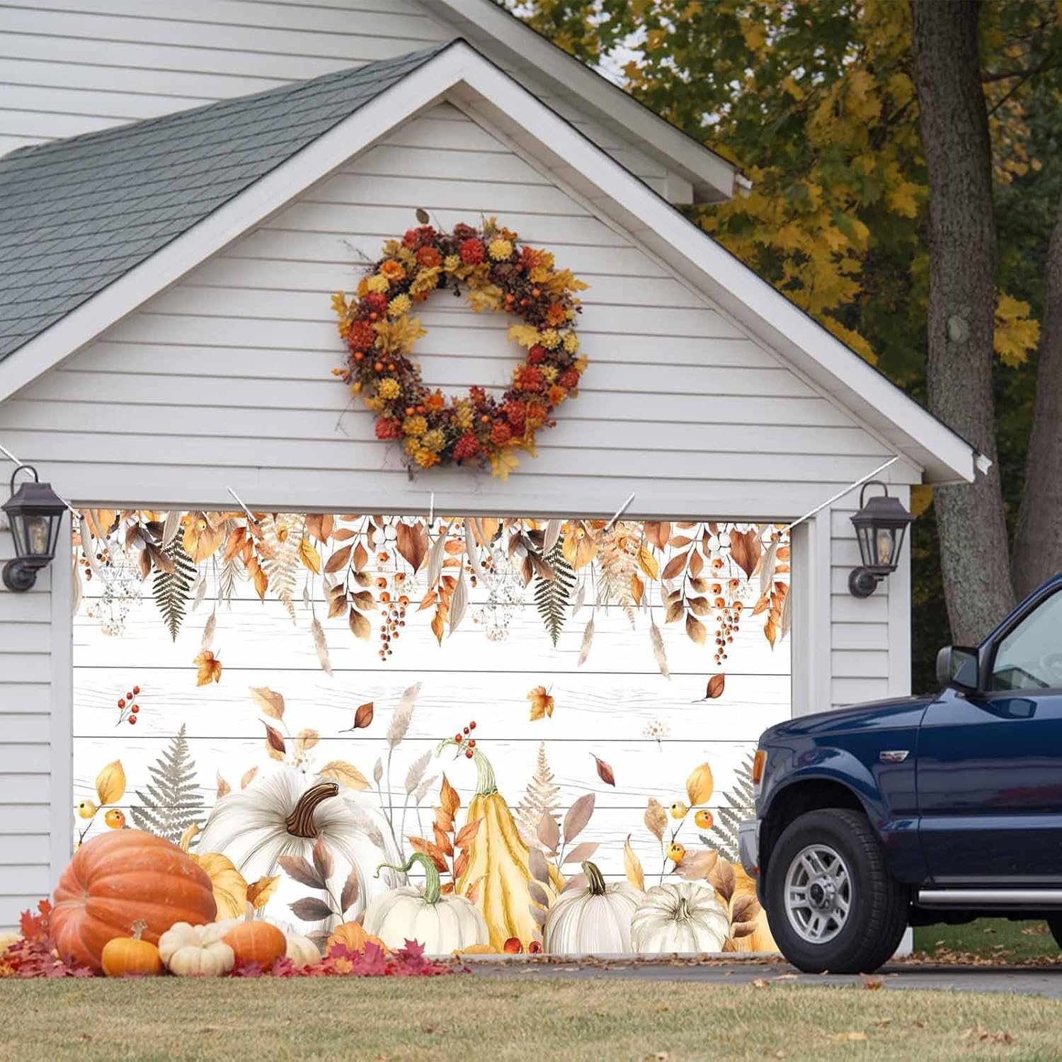 Fall Garage Door Banner with Pumpkins and Maple Leaves