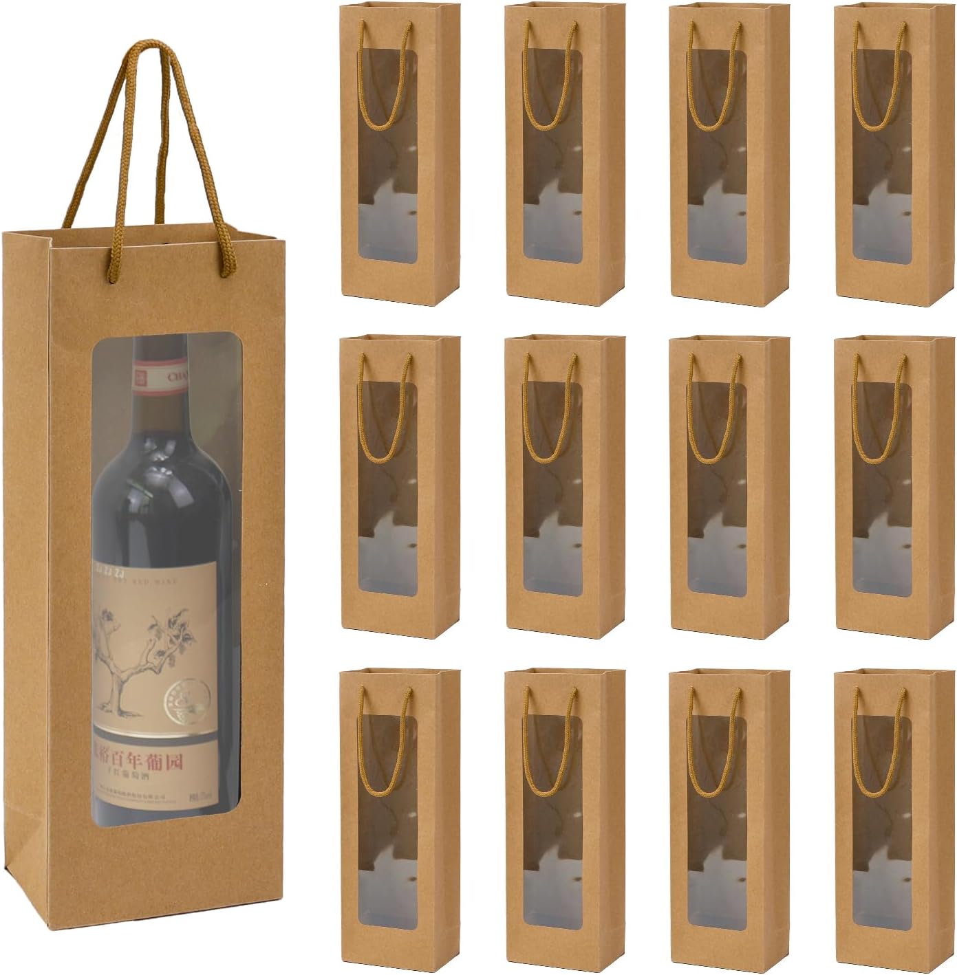 Ssyuysto 12 Pc Brown Wine Gift Bags with Clear Window