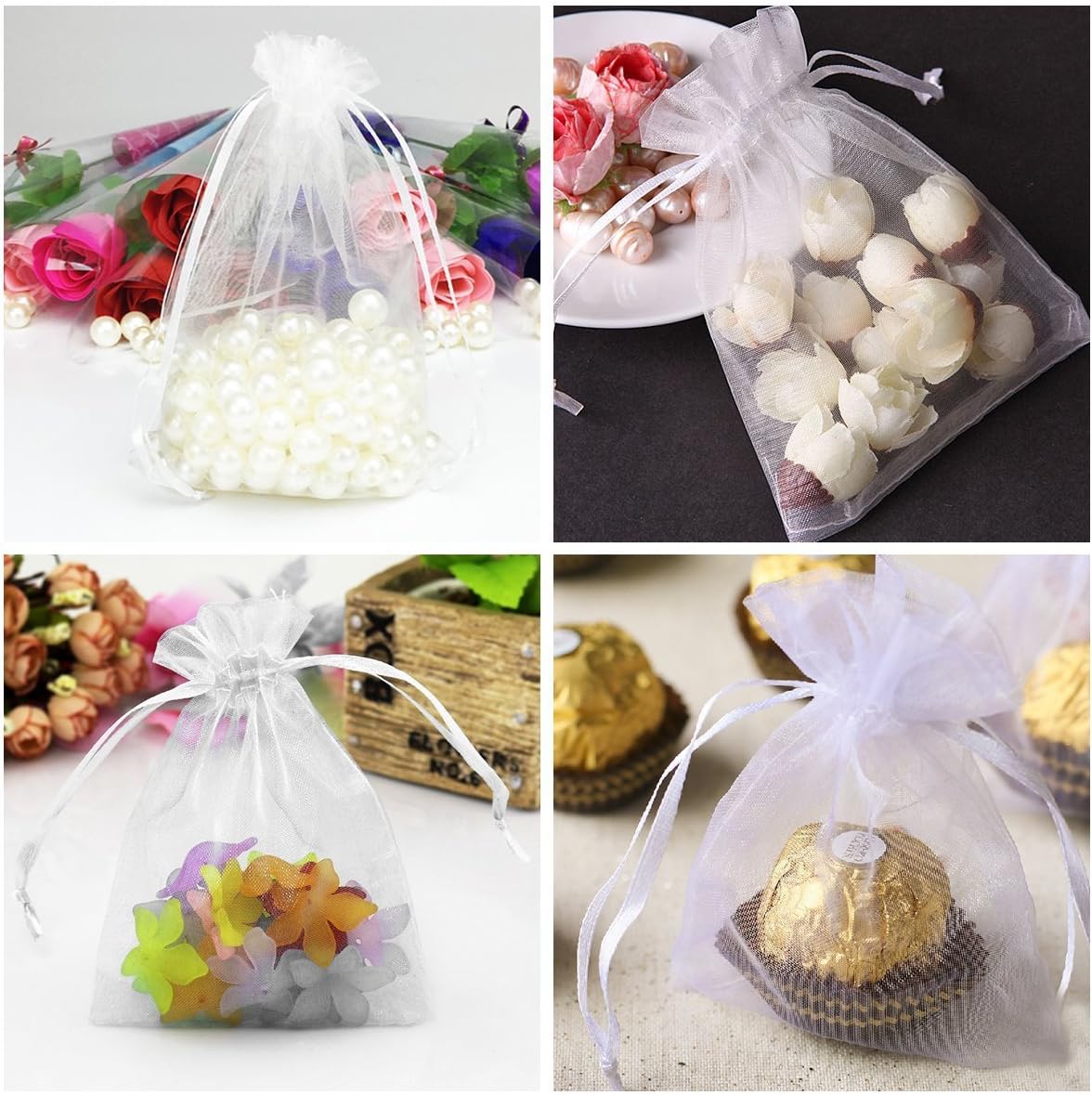 100pcs White Drawstring Organza Gift Bags for Wedding Party Favor