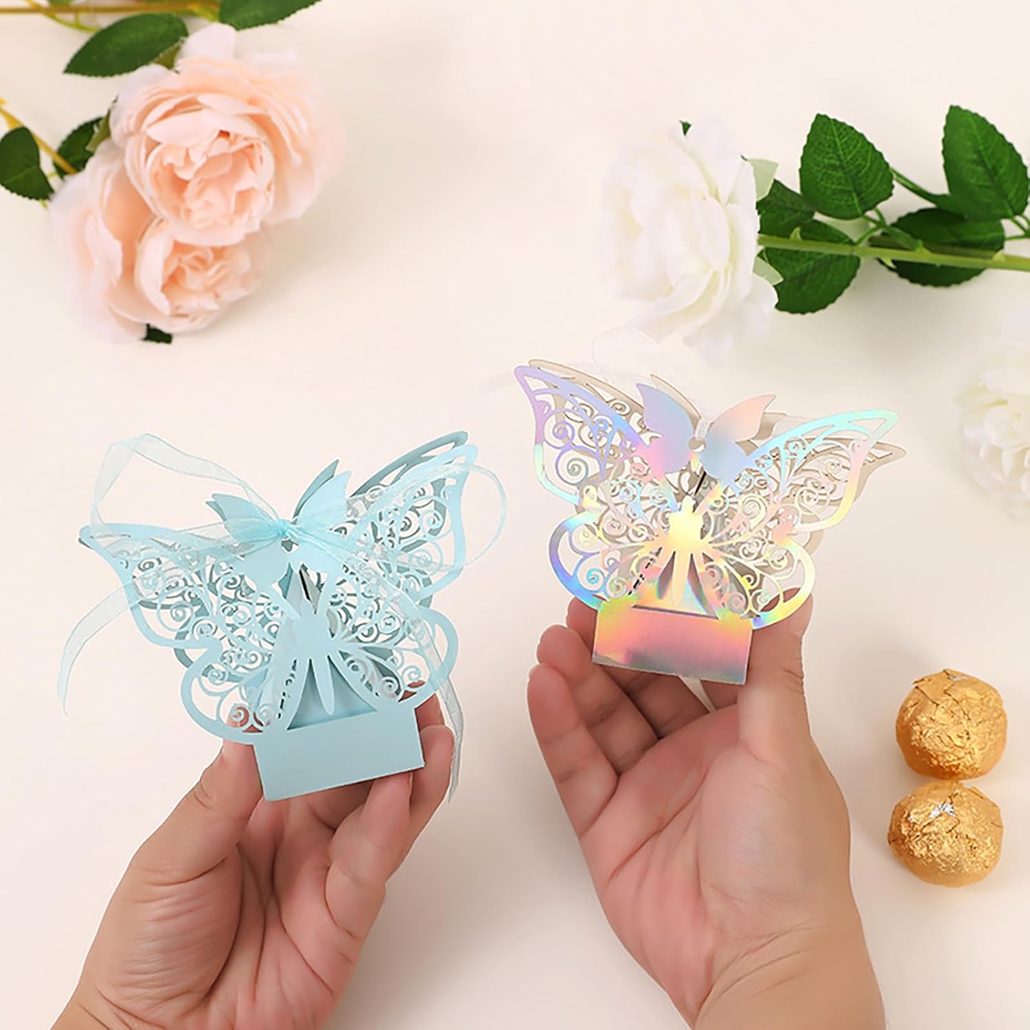 100PCS Laser Cut Butterfly Favor Boxes With Ribbons